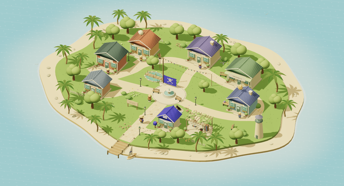 The natural Mutiny Land island, with a colorful coastal village, palms, beaches, and a tiny sailboat.