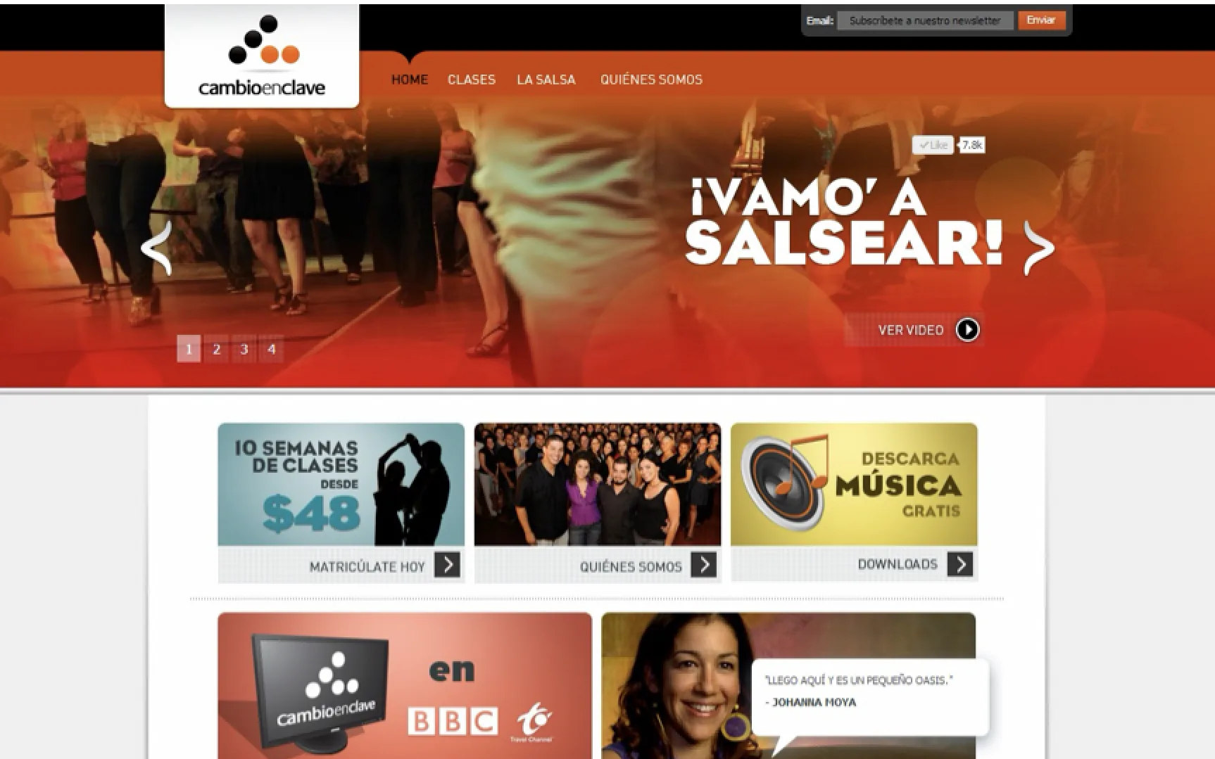 The 2011 homepage: ¡Vamo' a salsear!, ten weeks of classes from 48 dollars, free