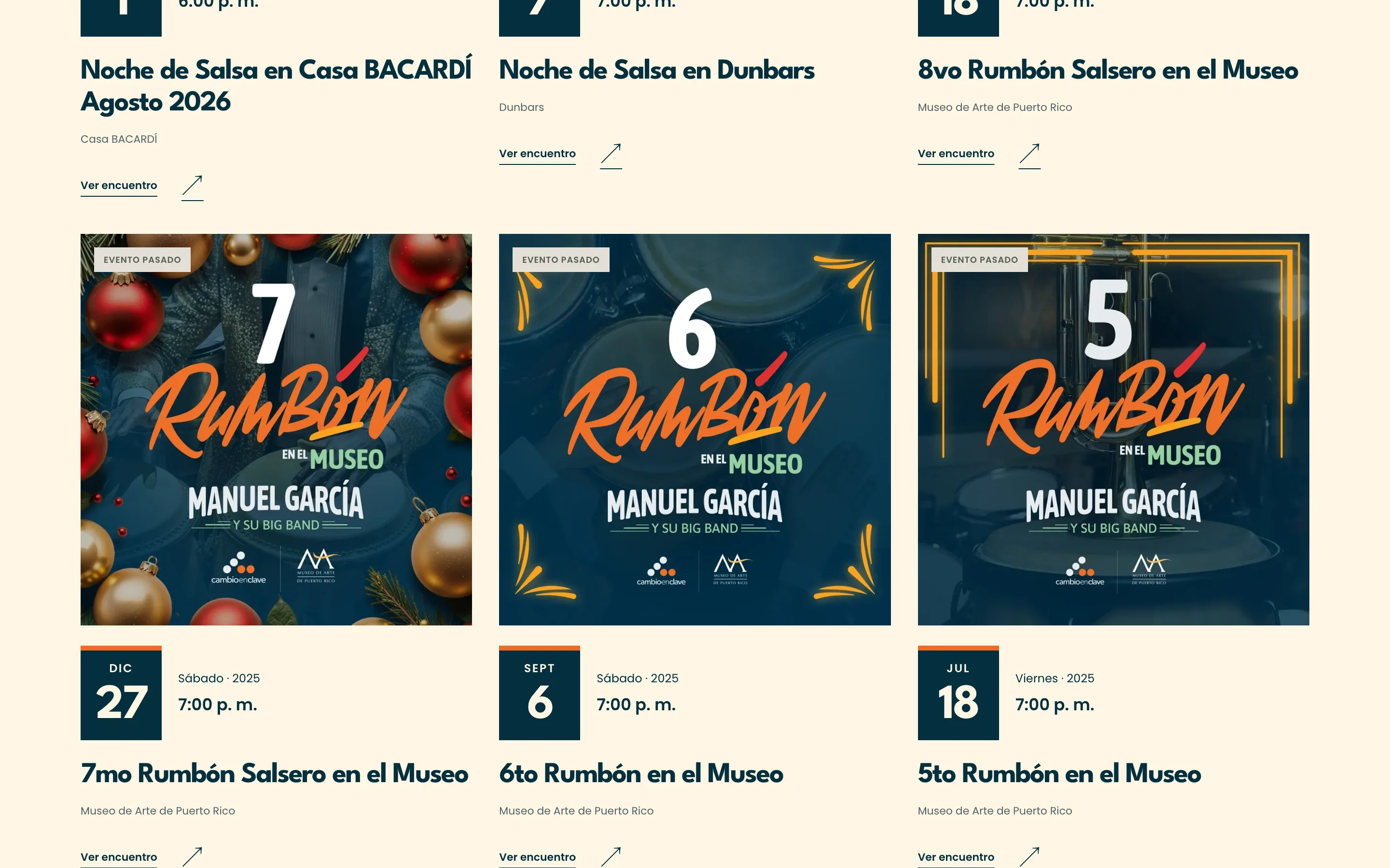 The event archive on the 2026 site: the Rumbón en el Museo posters, each past ni