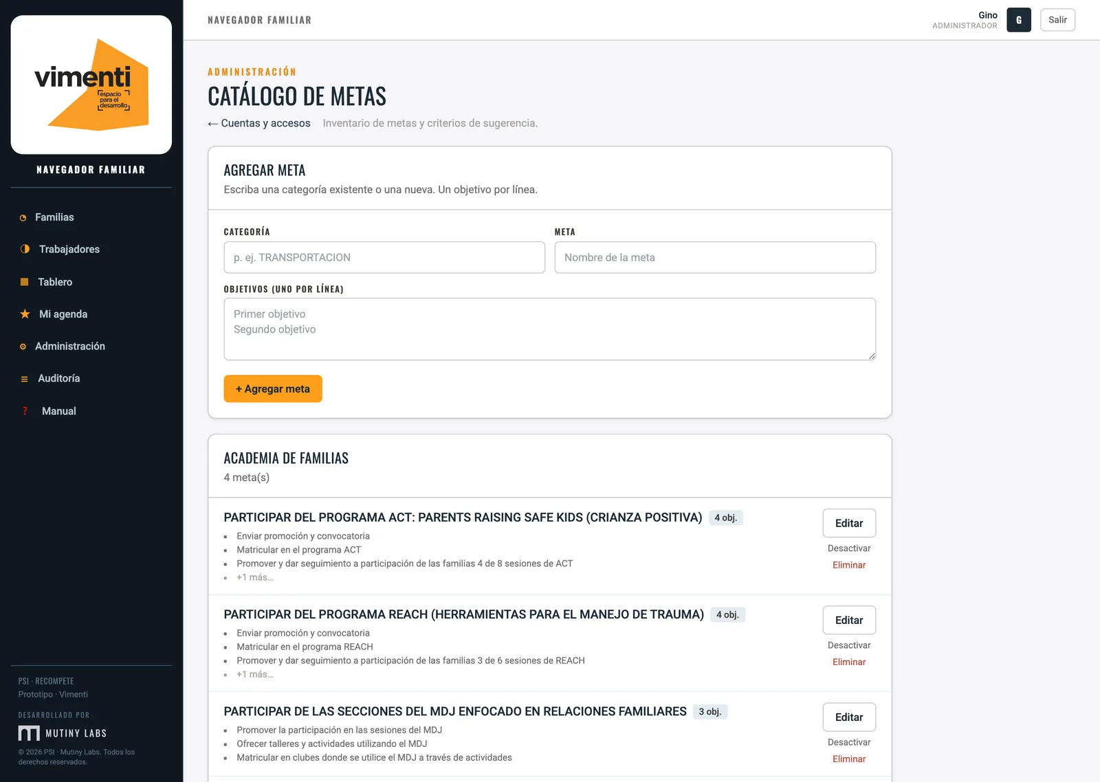 The goal catalog: the editable inventory of goals, objectives and suggestion cri