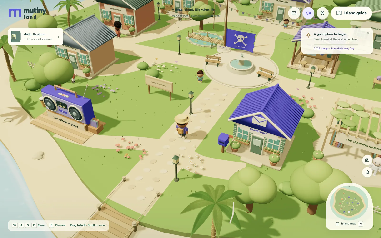Mutiny Land island plaza with houses and an explorer