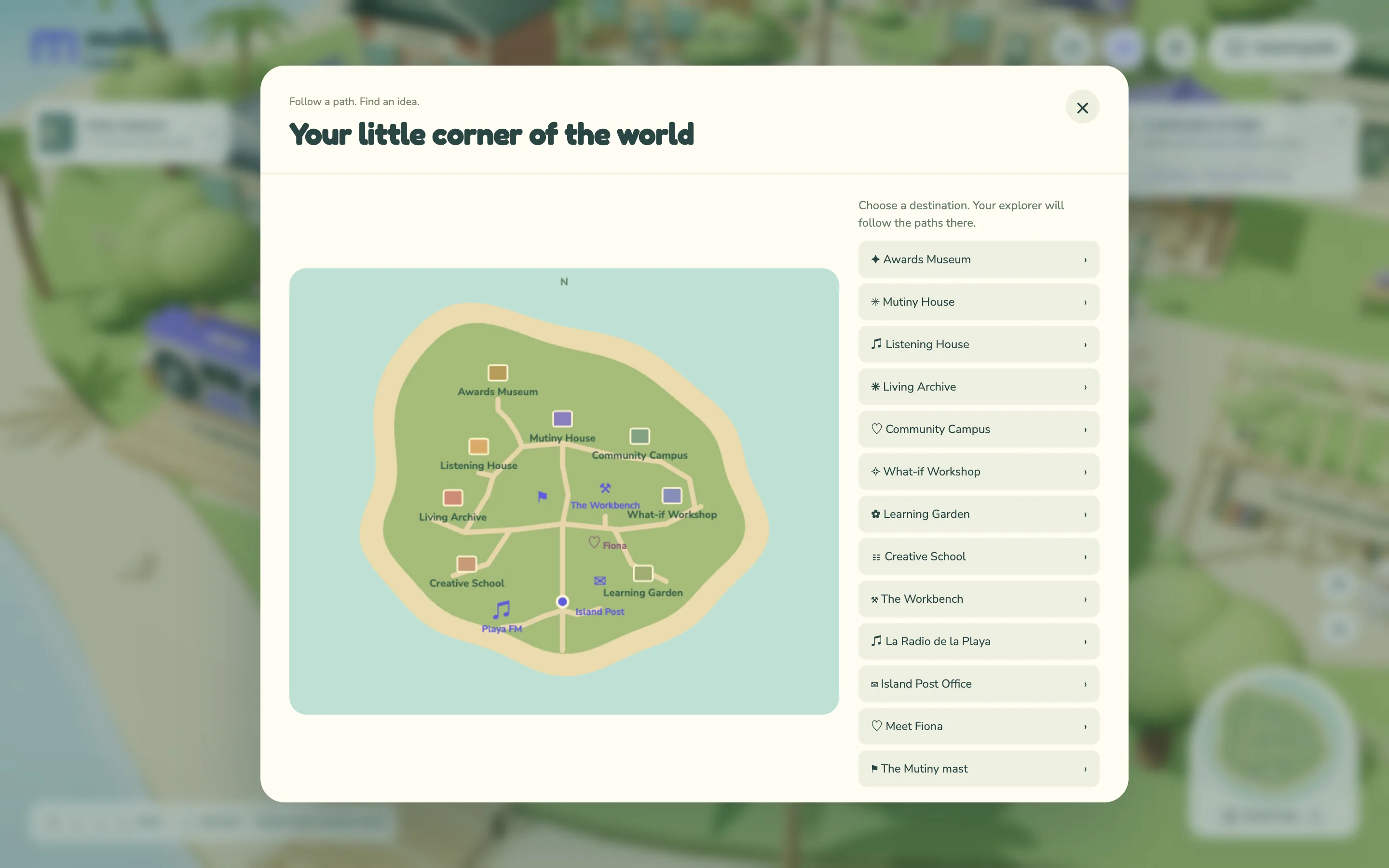Your little corner of the world: the island map with every destination listed, a