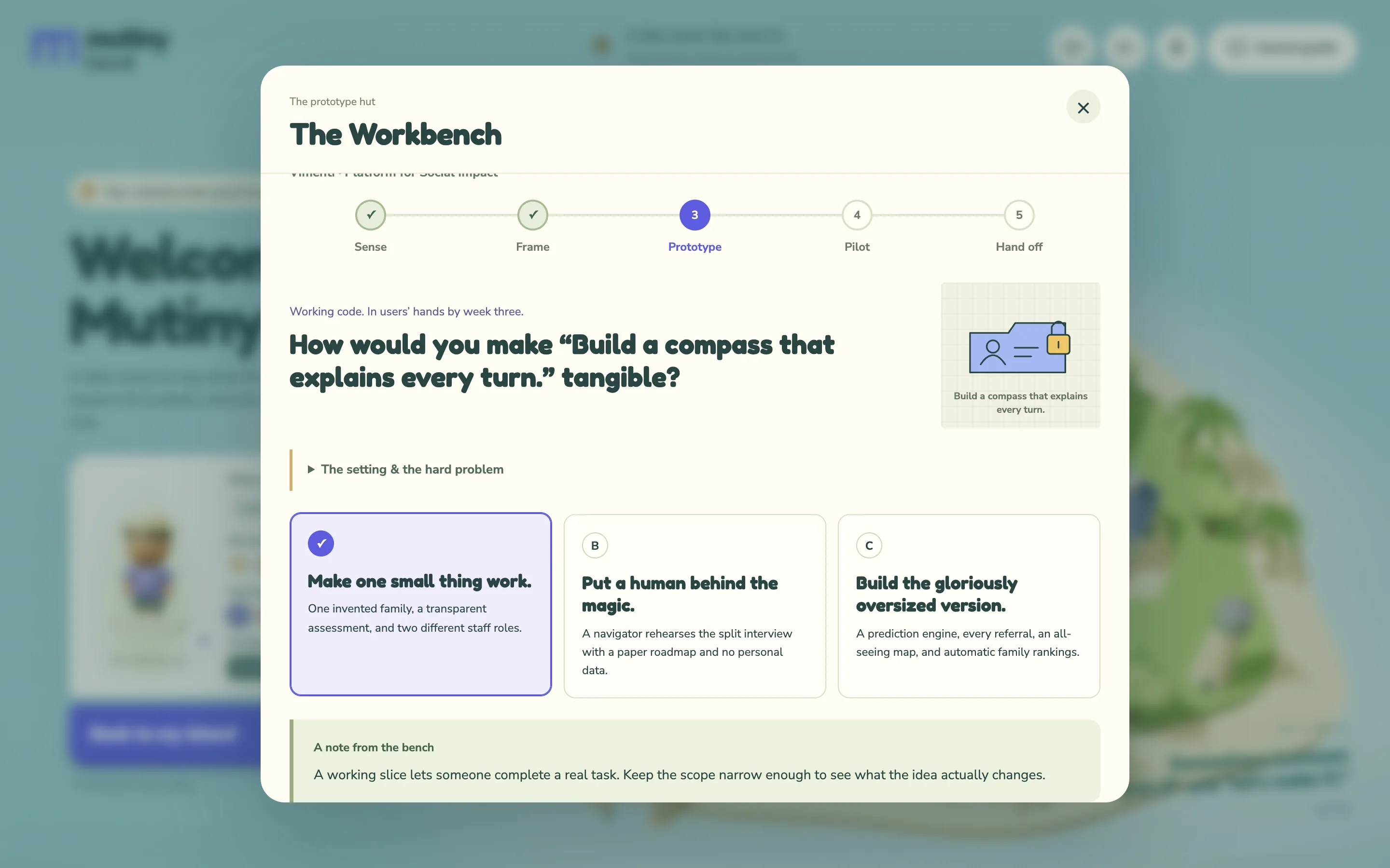 The Workbench mid-run: the prototype decision on one of the six challenges, thre