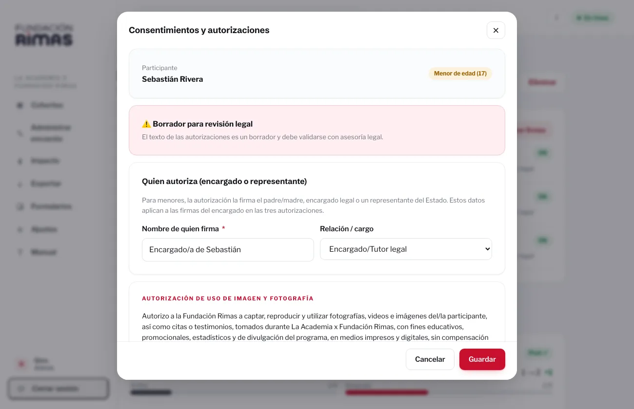 Consent and authorizations tracked per participant, with minor-of-age handling a