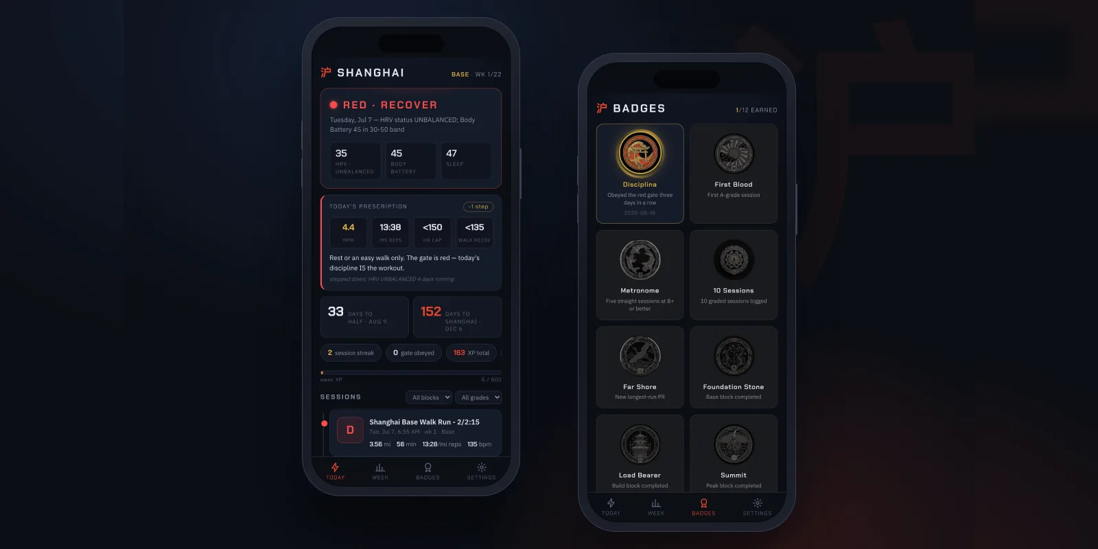 On the phone at the gym: a red morning's orders, and the medal wall with Discipl