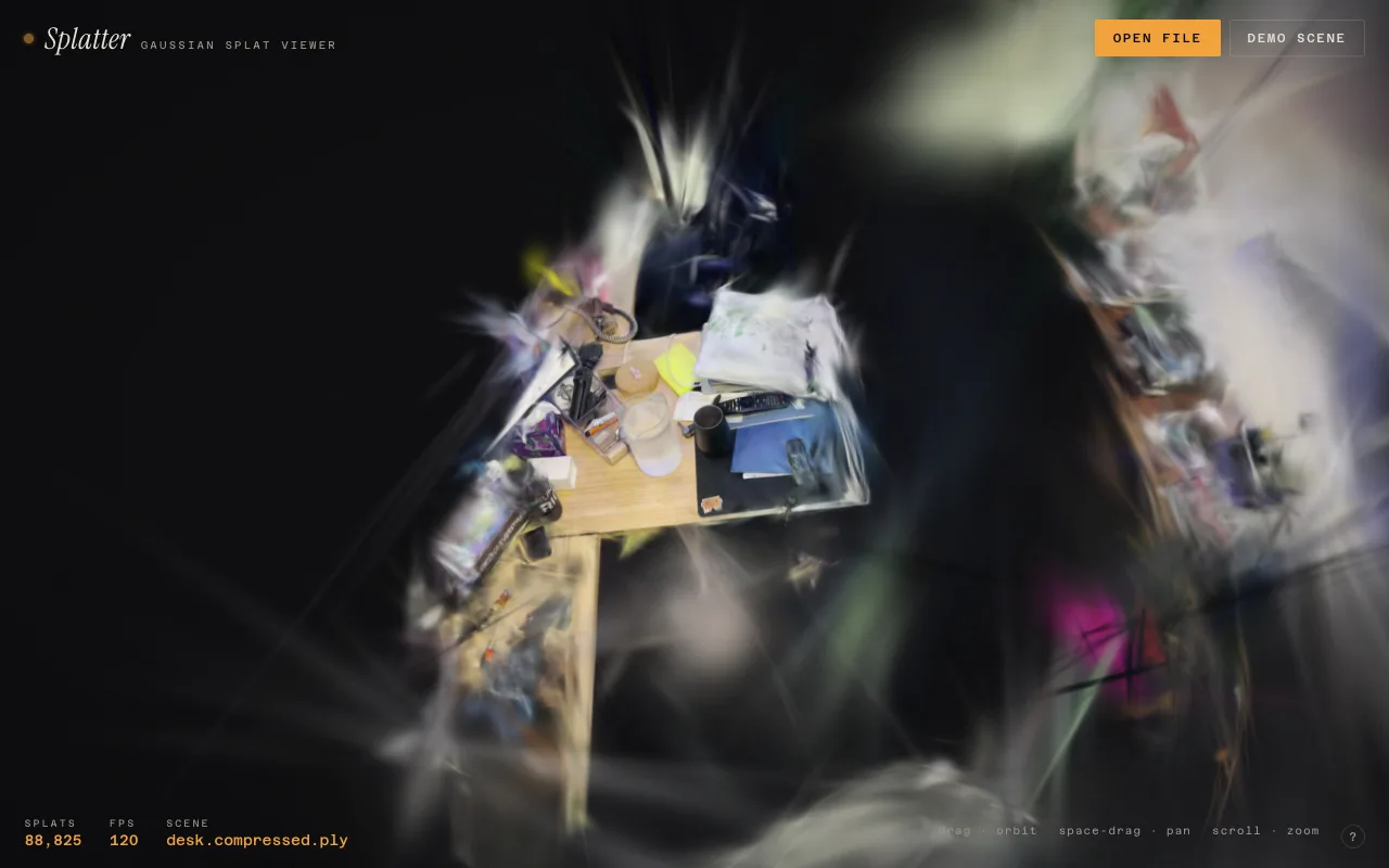 A desk scene reconstructed from a 42-second handheld video: photoreal, orbitable