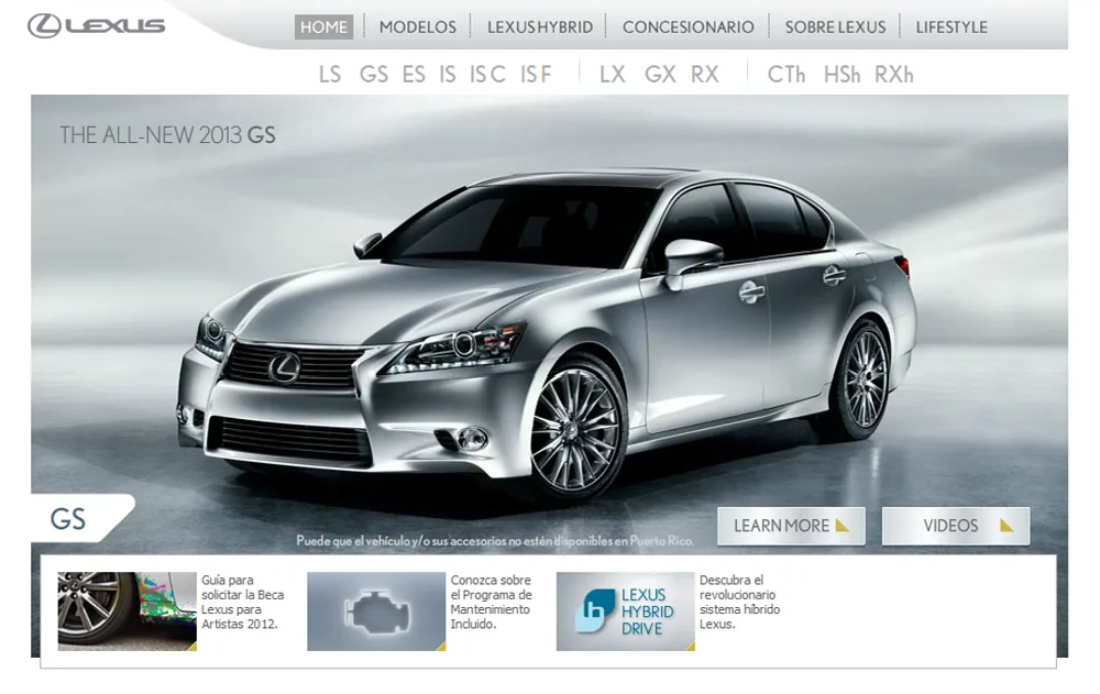 lexus-pr.com homepage, 2013 — The All-New 2013 GS, with the full model range in the navigation