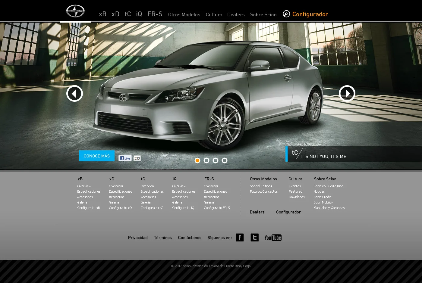 scionpr.com homepage — the Scion tC, built for Toyota de Puerto Rico's Scion division